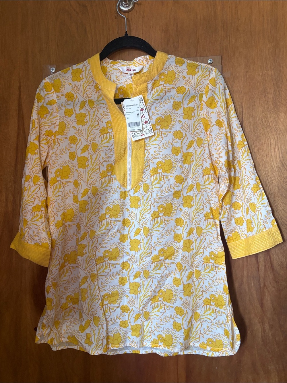 Akkriti Yellow Cotton Floral Print Split-Neck Tunic